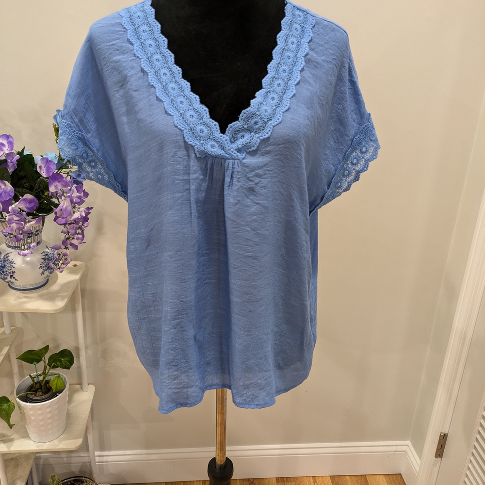 Blue Embellished Short Sleeve Blouse Size L